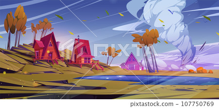 Hurricane in village with wooden houses near lake 107750769