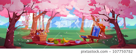 Picnic in spring sakura park cartoon background Picnic in spring sakura park cartoon background 107750782