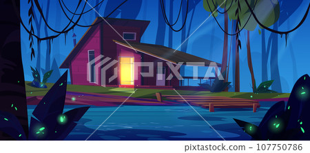 Wooden house near lake in night forest Wooden house near lake in night forest 107750786