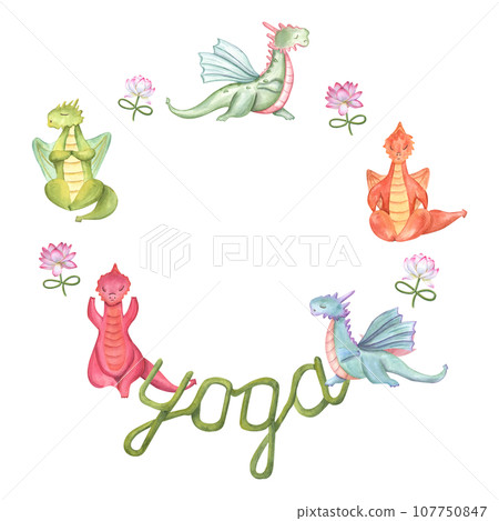 Round frame with of stylish cartoon Dragons in various poses of yoga. Animal meditation. The words yoga. Colored Dragons practicing fitness exercises. Watercolor illustration 107750847