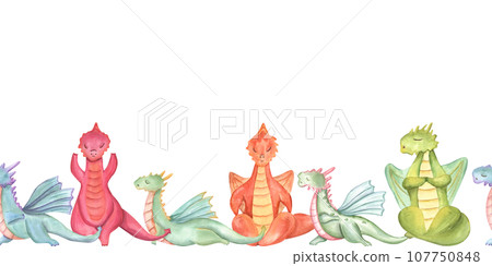 Dragons in various poses of yoga. Seamless banner. Animal meditation. Colored Dragons practicing fitness exercises. Horizontal board. Watercolor illustration for yoga center, package, label Dragons in various poses of yoga. Seamless banner. Animal meditation. Colored Dragons practicing fitness exercises. Horizontal board. Watercolor illustration for yoga center, package, label 107750848