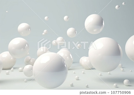 Shiny balls in different sizes on white background. Abstract glossy bubbles. Composition with chaotic floating spheres. Generative AI 107750906