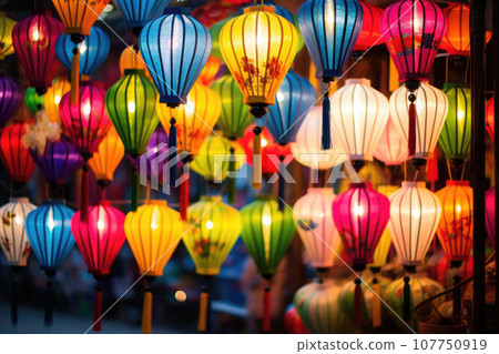 Many kind of lanterns hanging on street market. Colorful tradition lanterns in chinese style. Generative AI Many kind of lanterns hanging on street market. Colorful tradition lanterns in chinese style. Generative AI 107750919