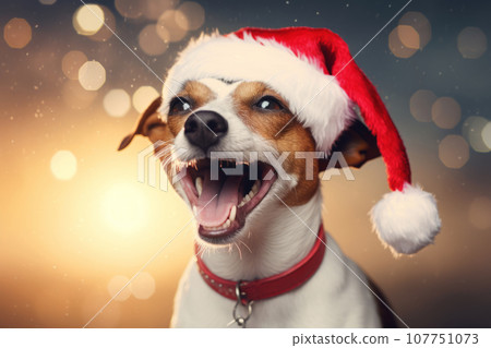 Cheerful jack russell terrier with a Christmas hat on his head. Generative AI Cheerful jack russell terrier with a Christmas hat on his head. Generative AI 107751073
