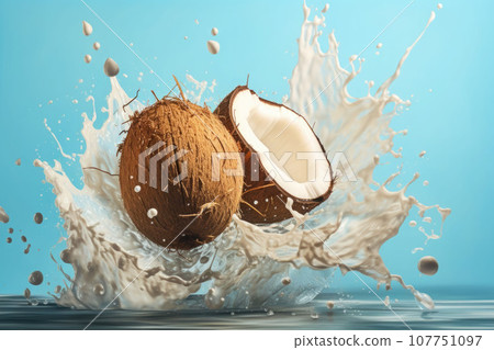 A smashed coconut with milk splashes in the background. Generative AI 107751097