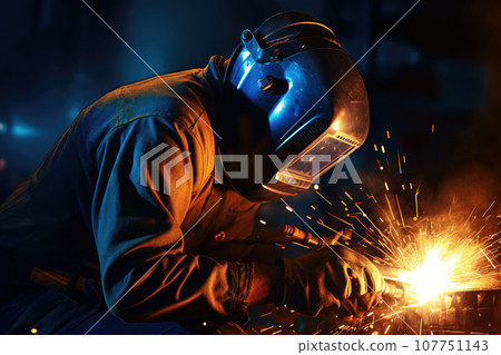 Worker welder performs arc welding in factories. Generative AI 107751143