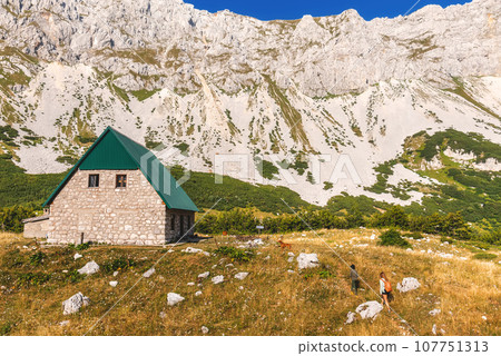 Summer Mountain Landscape with Mountain Cabin in Highlands 107751313