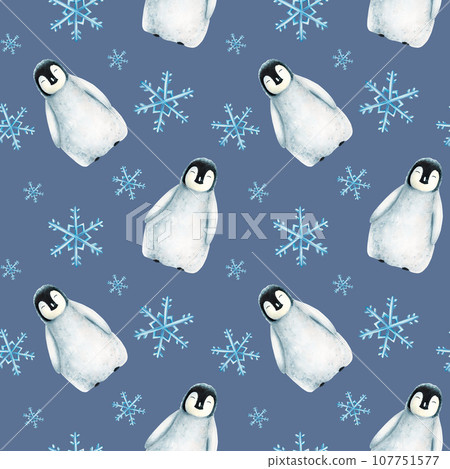 Watercolor seamless pattern with king penguin family on the floating ice isolated. Hand painting realistic Arctic and Antarctic ocean mammals. For designers, decoration, postcards, wrapping paper, 107751577