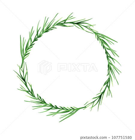 Watercolor frame with fresh rosemary isolated on background. Detail of beauty products and botany set, cosmetology and medicine. For designers, spa decoration, postcards, wrapping paper, scrapbooking, 107751580