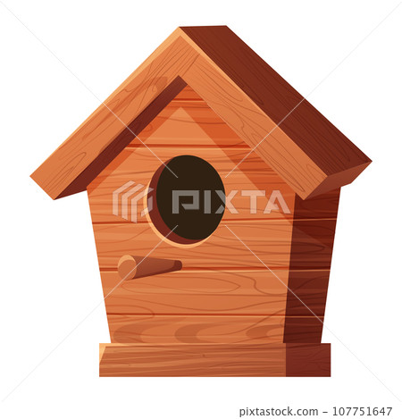 Wooden bird house, place for nest, empty decoration in cartoon style textured wood object isolated on white background. Springtime decoration, hanging home. Wooden bird house, place for nest, empty decoration in cartoon style textured wood object isolated on white background. Springtime decoration, hanging home. 107751647