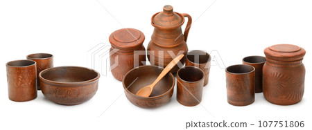 Collection of ceramic tableware isolated on white 107751806