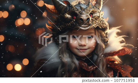 Portrait of beautiful cute Japanese girl dressed as dragon. generated ai Portrait of beautiful cute Japanese girl dressed as dragon. generated ai 107751958