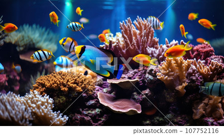 Fish swim in an aquarium 107752116