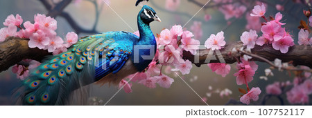 Peacock on sakura background Peacock on sakura background 107752117