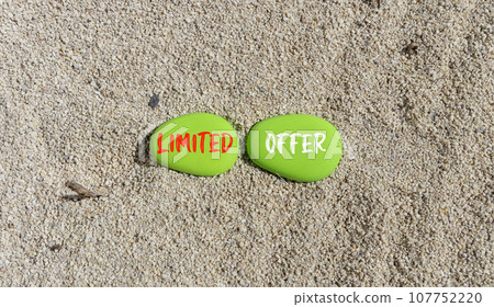 Limited offer symbol. Concept words Limited offer on beautiful green stone. Beautiful sea sand beach background. Business marketing, motivational Limited offer concept. Copy space. Limited offer symbol. Concept words Limited offer on beautiful green stone. Beautiful sea sand beach background. Business marketing, motivational Limited offer concept. Copy space. 107752220