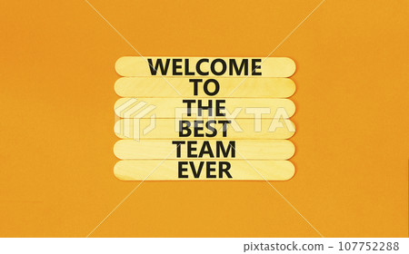 Welcome to best team symbol. Concept words Welcome to the best team ever on wooden stick on beautiful orange background. Business, motivational and welcome to best team concept. Welcome to best team symbol. Concept words Welcome to the best team ever on wooden stick on beautiful orange background. Business, motivational and welcome to best team concept. 107752288