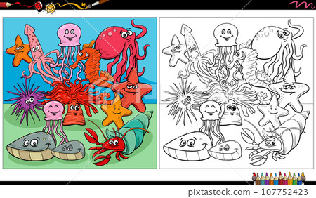 cartoon fish and marine animal characters group coloring page cartoon fish and marine animal characters group coloring page 107752423