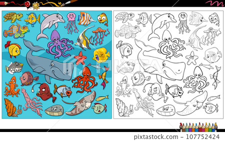 cartoon fish and marine animal characters group coloring page cartoon fish and marine animal characters group coloring page 107752424