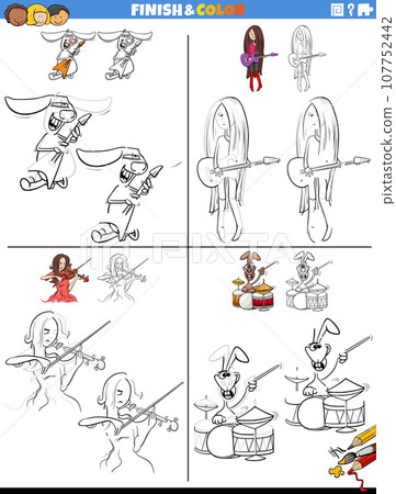 drawing and coloring worksheets set with musicians characters 107752442