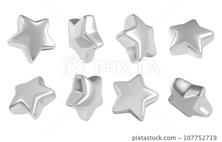Silver star in different angles 3d illustration set - glossy grey metallic floating star-shaped design element for rating or winner concept. Symbol of best quality and good rating. 107752719