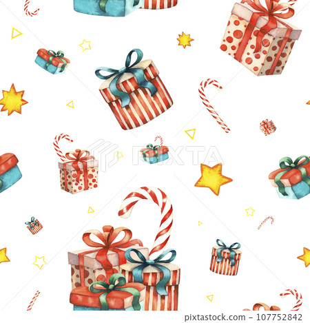 Cute watercolour seamless pattern with christmas gift boxes, candy and stars winter holiday new year illustration with cartoon character. Painting for card and print design. Hand drawn isolated on Cute watercolour seamless pattern with christmas gift boxes, candy and stars winter holiday new year illustration with cartoon character. Painting for card and print design. Hand drawn isolated on 107752842