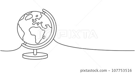 School globe, office supplies one line continuous drawing. Back to school continuous one line illustration. Vector minimalist linear illustration. School globe, office supplies one line continuous drawing. Back to school continuous one line illustration. Vector minimalist linear illustration. 107753516