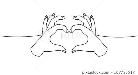 Hands making heart sign one line continuous drawing. Old school tattoo continuous one line illustration. Vector minimalist linear illustration. 107753517
