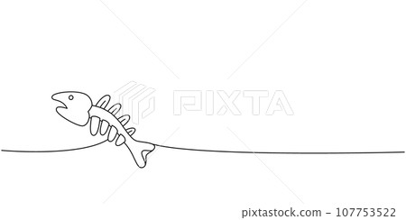 Fish bone skeleton one line continuous drawing. Animals accessories, pet toy supplies continuous one line illustration. Fish bone skeleton one line continuous drawing. Animals accessories, pet toy supplies continuous one line illustration. 107753522