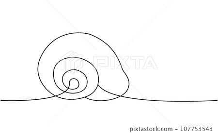 Mollusc one line continuous drawing. Tropical underwater shell continuous one line illustration. Vector minimalist linear illustration. Mollusc one line continuous drawing. Tropical underwater shell continuous one line illustration. Vector minimalist linear illustration. 107753543