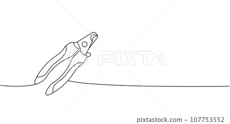 Pet nail clippers, claw scissors one line continuous drawing. Animals accessories, pet toy supplies continuous one line illustration. Pet nail clippers, claw scissors one line continuous drawing. Animals accessories, pet toy supplies continuous one line illustration. 107753552