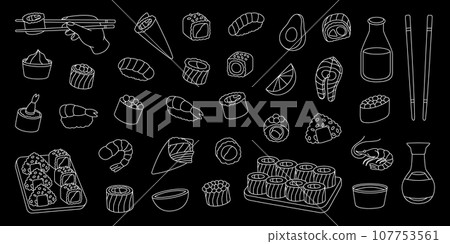 Sushi set. Japanese cuisine. Ikura sushi, tobiko maki, philadelphia roll, onigiri, shrimp nigiri, tekkamaki tuna roll, futomaki, soy bowl, vasabi. 107753561