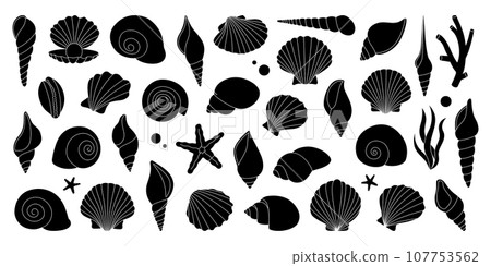 Tropical underwater shells. Pearl shells set. Freshwater algae, corals, starfish, sea mollusks, scallop, pearls. Vector illustration. 107753562