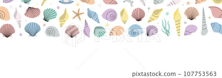 Sea shells banner. Tropical underwater shells horizontal background. Freshwater algae, corals, starfish, mollusks, scallop, pearls. Sea shells banner. Tropical underwater shells horizontal background. Freshwater algae, corals, starfish, mollusks, scallop, pearls. 107753563