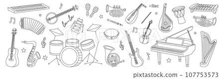 Musical instruments sketch set. Musical school horizontal illustration. Tuba, trumpet, drum flute, french horn, lute, violin, electric bass guitar. 107753573