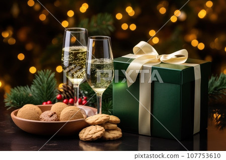Christmas gift , sparkling wine and gift. Generative AI 107753610