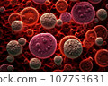 Blood cells flying through arteries, electron microscopy zoom close up, 500x zoom, on black background, scientific, AI generated. 107753631
