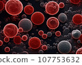 Blood cells flying through arteries, electron microscopy zoom close up, 500x zoom, on black background, scientific, AI generated. 107753632