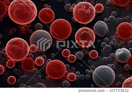 Blood cells flying through arteries, electron microscopy zoom close up, 500x zoom, on black background, scientific, AI generated. 107753632