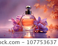 bottle of perfume with flowers in nature background, In this captivating scene, nature's breathtaking beauty intertwines effortlessly with the world of perfume, AI generated. 107753637