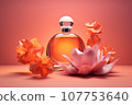 bottle of perfume with flowers in nature background, In this captivating scene, nature's breathtaking beauty intertwines effortlessly with the world of perfume, AI generated. 107753640