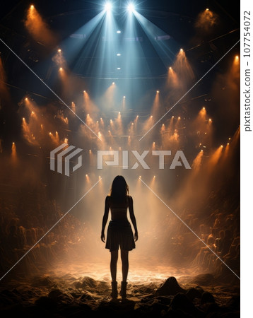 Fictional woman artist in dress on big stage of luxury concert hall AI Fictional woman artist in dress on big stage of luxury concert hall AI 107754072