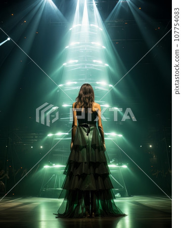 Fictional woman artist in dress on big stage of luxury concert hall AI 107754083