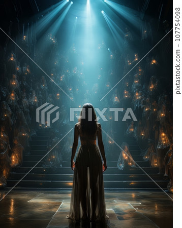 Fictional woman artist in dress on big stage of luxury concert hall AI 107754098