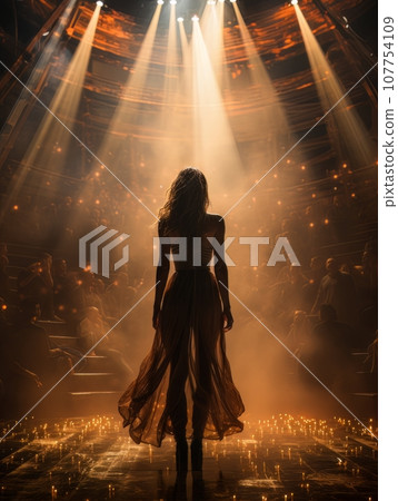 Fictional woman artist in dress on big stage of luxury concert hall AI 107754109