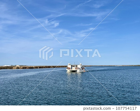 Canal de Tavira . Small boat cruising tranquil green river. 107754117