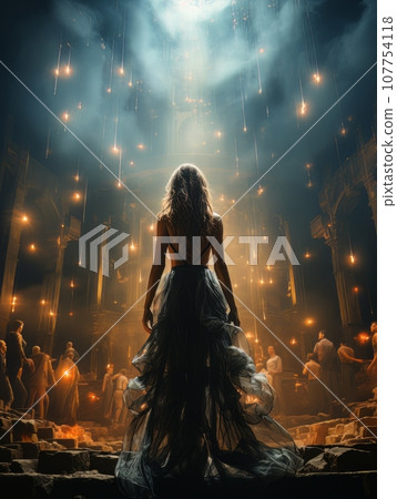 Fictional fragile girl in dress against the background of ruins AI 107754118