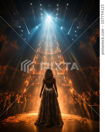 Fictional woman artist in dress on big stage of luxury concert hall AI 107754125