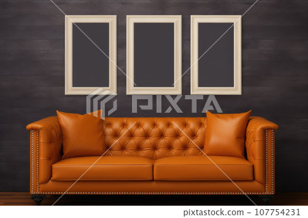 Leather couch and empty picture frames on the wall, modern design mock up Leather couch and empty picture frames on the wall, modern design mock up 107754231