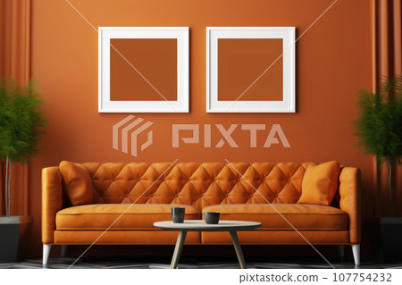 Leather couch and empty picture frames on the wall, modern design mock up Leather couch and empty picture frames on the wall, modern design mock up 107754232