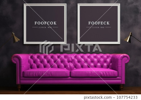 Leather couch and empty picture frames on the wall, modern design mock up Leather couch and empty picture frames on the wall, modern design mock up 107754233
